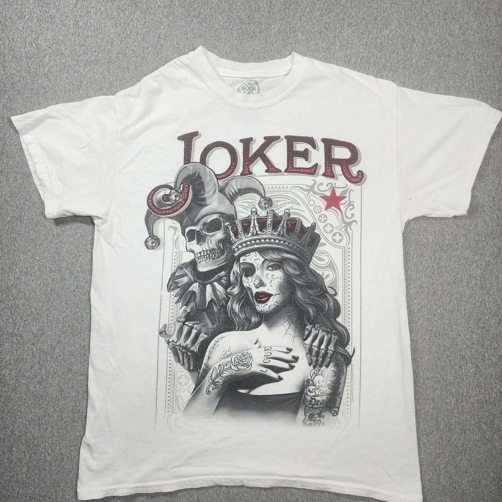 DGA Joker Graphic T-Shirt Mens Size M White Fair Skeleton Sugar Skull Tattoo